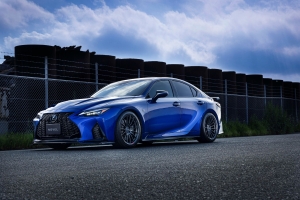 Blue Lexus IS 500 F Sport Performance with NOVEL Racing Japan aero, front three-quarter view