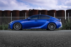 Blue Lexus IS 500 F Sport Performance with NOVEL Racing Japan side skirts, side profile