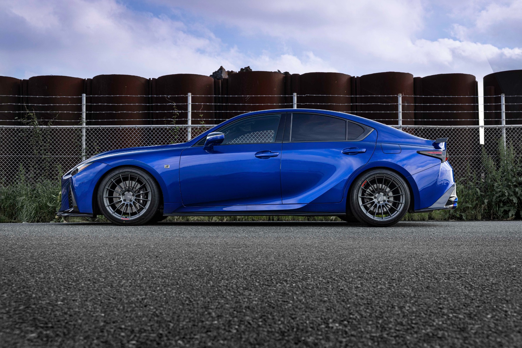 Blue Lexus IS 500 F Sport Performance with NOVEL Racing Japan side skirts, side profile
