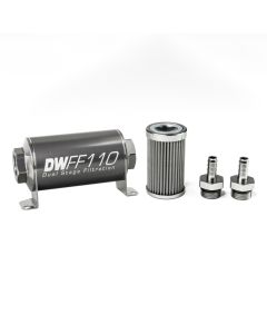 DeatschWerks Stainless Steel 3/8in 100 Micron Universal Inline Fuel Filter Housing Kit (110mm) - 8-03-110-100K-38