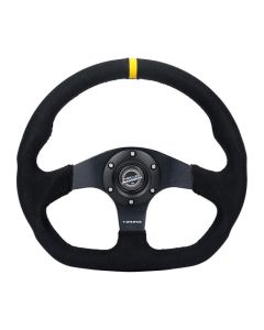 NRG Reinforced Steering Whl - 320MM Sport Alcantara Dual Push Buttons Flat Bottom Yellow Center Mark