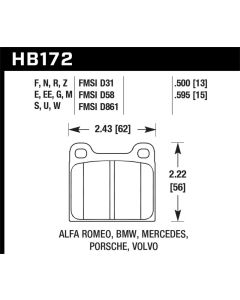 Hawk Alfa Romeo / Audi / Opel / Porsche / Saab / VW Blue 9012 Front Race Brake Pads - HB172E.595