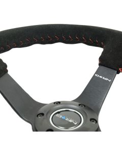 NRG Reinforced Steering Wheel (350mm / 3in. Deep) Blk Suede/Red BBall Stitch w/5mm Matte Blk Spokes - RST-036MB-S-RD