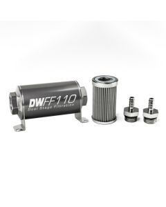 DeatschWerks Stainless Steel 5/16in 100 Micron Universal Inline Fuel Filter Housing Kit (110mm) - 8-03-110-100K-516