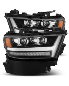 AlphaRex 19-20 Dodge Ram 1500 LUXX LED Proj Headlights Plank Jet Blk w/Activ Light/Seq Signal/DRL - 880545