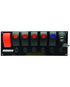 Moroso Rocker Switch Panel - Flat Surface Mount - LED w/USB - 3.388in x 9.15in -Five On/Off Switches - 74194