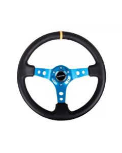 NRG Reinforced Steering Whl - 350MM Sport Steering Whl 3 Deep - Blue Spoke Round Holes Black Leather Yellow Center Stripe- NRG-RST-006BL-Y