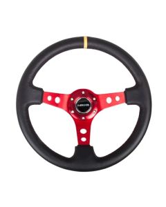 NRG Reinforced Sport Steering Wheel 350mm 3 Inch Deep Red Spoke Round holes Black Leather Yellow Center Mark- NRG-RST-006RD-Y