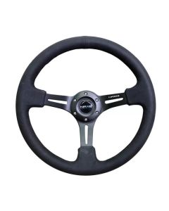 NRG Reinforced Sport Steering Wheel 350mm 3 Inch Deep Black Leather Alcantara Stitching- NRG-RST-018