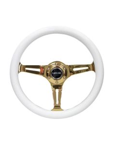 NRG Classic Wood Grain Steering Wheel 350mm Chrome Gold 3-Spokes White Grip- NRG-ST-015CG-WT