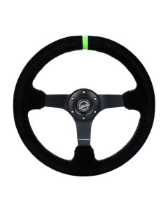 NRG Reinforced Steering Wheel 350mm/3in. Deep Blk Suede/ Neon Green Stitch w/5mm Matte Black Spoke - RST-036MB-S-GN