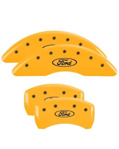 MGP 4 Caliper Covers Engraved Front & Rear 24-25 Ford Mustang EcoBoost Yellow Finish Black Ford Logo - 10261SFRDYL