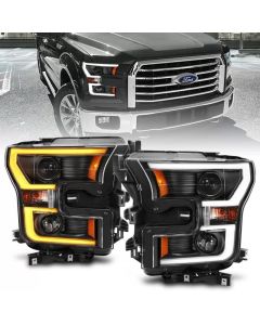 ANZO 2015-2017 Ford F-150 Projector Headlights w/ Plank Style Switchback Black w/ Amber - 111357