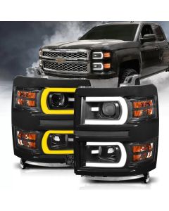 ANZO 14-15 Chevrolet Silverado 1500 Projector Headlights w/ Plank Style Switchback Black w/ Amber - 111412