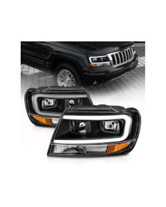 ANZO 99-04 Jeep Grand Cherokee Crystal Headlights - w/ Light Bar Black Housing - 111537