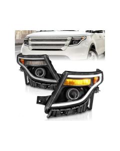 ANZO 11-15 Ford Explorer (w/Factory Halogen HL Only) Projector Headlights w/Light Bar Black Housing - 111575