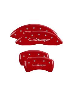 MGP 4 Caliper Covers Engraved Front & Rear Cursive/Charger Red finish silver ch - 12162SCHSRD