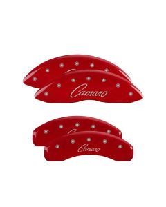 MGP 4 Caliper Covers Engraved Front & Rear Cursive/Camaro Red finish silver ch - 14033SCCSRD