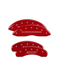 MGP 4 Caliper Covers Engraved Front Gen 5/Camaro Engraved Rear Gen 5/SS Red finish silver ch - 14036SCS5RD