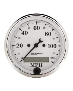 AutoMeter Gauge Speedo. 3-1/8in. 120MPH Elec. Prog. W/ Lcd Odo Old Tyme White - 1688