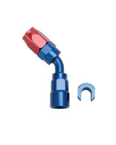 Russell Performance 5/16in SAE Quick Disc Female to -6 Hose Red/Blue 45 Degree Hose End - 611260