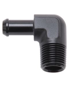 Edelbrock Hose End 90-Deg 1/2In NPT to 3/8In Barb Black Anodize - 8169