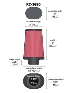 K&N Universal Clamp-On Air Filter 2-7/16in Flange 4-1/2x3-3/4in Base 3x2in Top 6in Height - RC-3680
