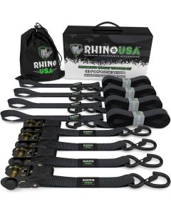 Rhino USA Medium Duty Ratchet Strap Tie-Down 4-Pack (Black) - GMG-R1-4PACK