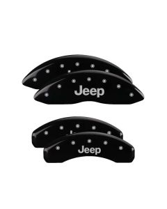 MGP 4 Caliper Covers Engraved Front & Rear 11-18 Jeep Grand Cherokee Black Finish Silver Jeep Logo - 42020SJEPBK