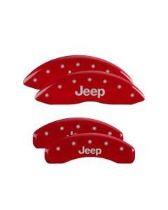 MGP 4 Caliper Covers Engraved Front & Rear 11-18 Jeep Grand Cherokee Red Finish Silver Jeep Logo - 42020SJEPRD
