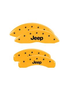 MGP 4 Caliper Covers Engraved Front & Rear 11-15 Jeep Grand Cherokee Yellow Finish Black Jeep Logo - 42020SJEPYL