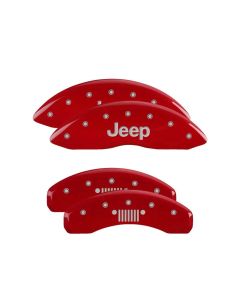 MGP 4 Caliper Covers Engraved Front JEEP Engraved Rear JEEP Grill Logo Red Finish Silver Characters - 42020SJPLRD