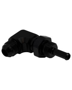 DeatschWerks 8AN Male Flare to 5/16in Male Barb Bulkhead Adapter 90-Degree - Anodized Matte Black - 6-02-0713-B