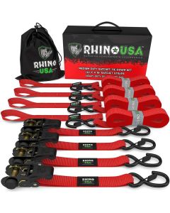 Rhino USA Medium Duty Ratchet Strap Tie-Down 4-Pack (Red) - RCHT-4PACK-RED