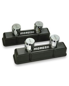 Moroso Chevrolet Small Block Valve Cover - 2 Covers w/2 Breathers - Black Finished Aluminum - Pair - 68381