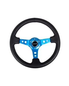 NRG Reinforced Steering Whl - 350MM Sport Steering Whl 3 Deep - Blue Spoke Round Holes Black Leather- NRG-RST-006BL