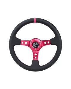 NRG Reinforced Steering Wheel (350mm/3in. Deep) Black Leather/ Fushia Center Mark/ Fushia Stitching - RST-006FH