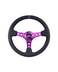 NRG Reinforced Steering Wheel (350mm / 3in. Deep) Black Leather w/Purple Center & Purple Stitching - RST-006PP