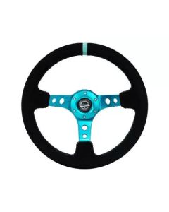 NRG Reinforced Steering Wheel (350mm/ 3in. Deep) Black Suede/ Teal Center Mark/ Teal Stitching - RST-006S-TL