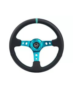 NRG Reinforce Steering Wheel (350mm / 3in. Deep) Blk Leather, Teal Center Mark w/ Teal Stitching - RST-006TL