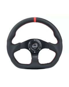 NRG Reinforced Steering Wheel (320mm) Sport Leather Flat Bottom w/ Red Center Mark/ Red Stitching - RST-024MB-R-RD