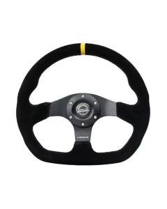NRG Reinforced Steering Wheel (320mm) Sport Suede Flat Bottom w/ Yellow Center Mark - RST-024MB-S-Y