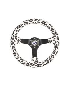 NRG Reinforced Steering Wheel (350mm/3in. Deep) SAVAGE White Leopard w/ Matte Blk Spokes - RST-036MB-SV-WT