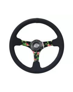 NRG Reinforced Steering Wheel (350mm / 3in. Deep) Black Suede w/ 5mm Floral 3-Spoke Center - RST-036TROP-S