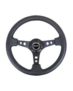 NRG Reinforced Steering Wheel (350mm / 3in. Deep) Blk Leather w/Blk Spoke & Circle Cutouts - RST-006BK