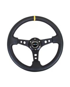 NRG Reinforced Steering Wheel (350mm / 3in. Deep) Blk Leather w/Blk Cutout Spoke/Yellow Center Mark - RST-006BK-Y