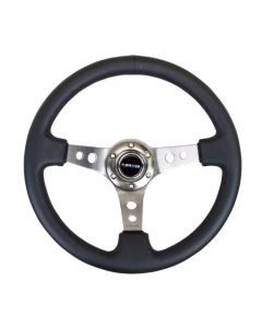 NRG Reinforced Steering Wheel (350mm / 3in. Deep) Blk Leather w/Gunmetal Circle Cutout Spokes - RST-006GM