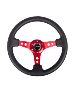 NRG Reinforced Steering Wheel (350mm / 3in. Deep) Blk Leather w/Red Circle Cutout Spokes - RST-006RD