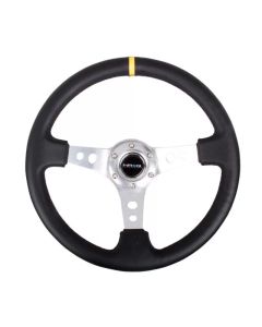 NRG Reinforced Steering Wheel (350mm / 3in. Deep) Blk Leather w/Circle Cut Spokes & Single Yellow CM - RST-006SL-Y