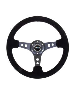 NRG Reinforced Steering Wheel (350mm / 3in. Deep) Blk Suede/Blk Stitch w/Black Circle Cutout Spokes - RST-006-S